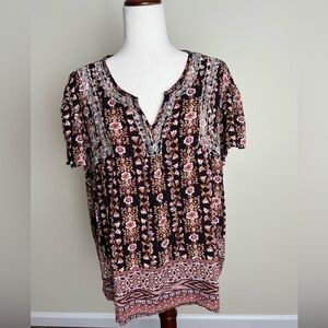Knox Rose Boho Floral Print Peasant Top Size XXL